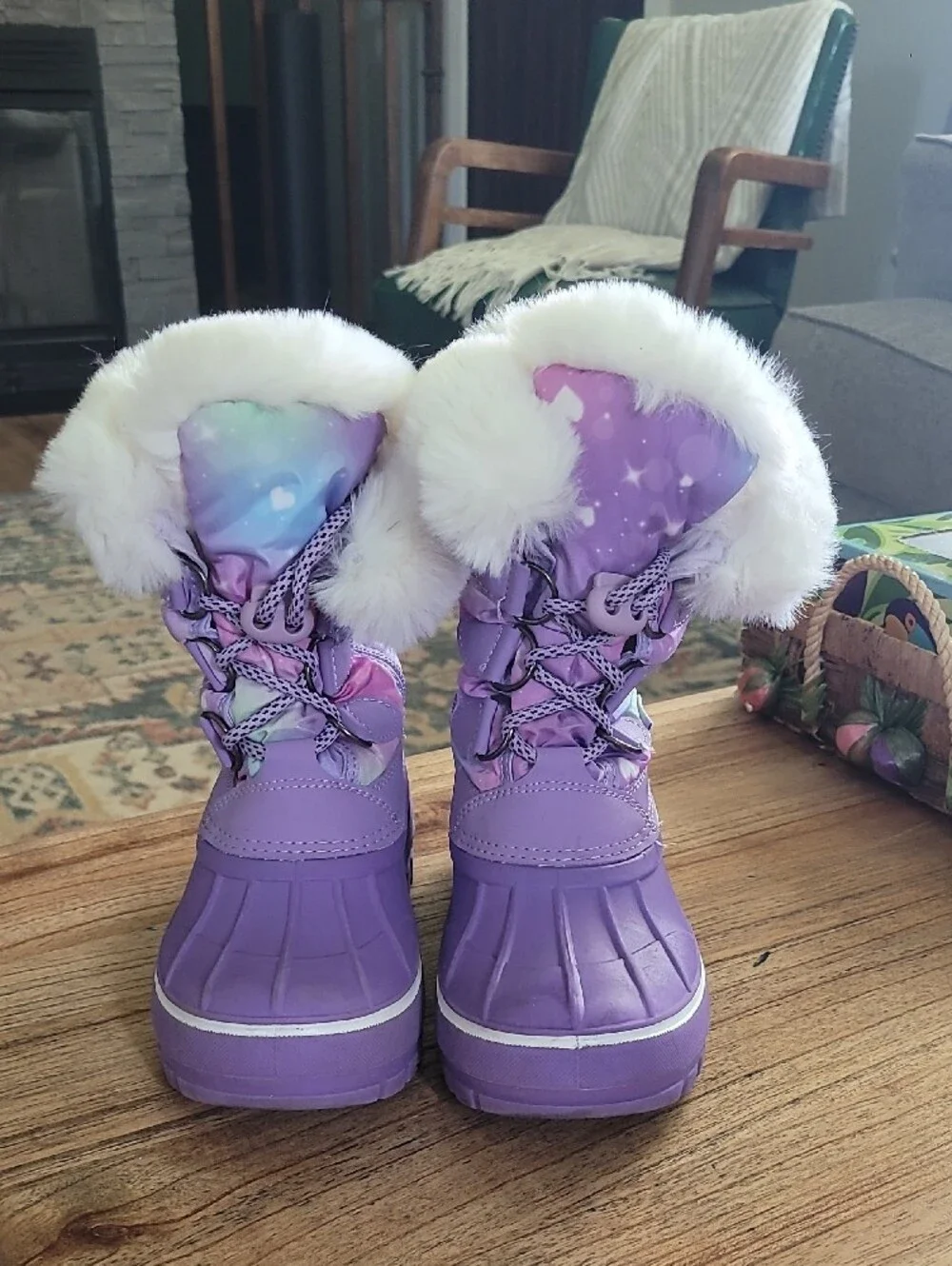 Kids Purple Winter Snow Boots with Faux Fur Trim